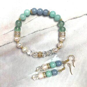 Angelite, Fluorite, Clear Quartz, and Freshwater Pearl Bracelet and Earring Set